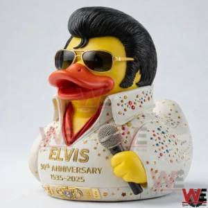 Elvis inspired rubber duck wearing sunglasses and a white jeweled stage suit holding a microphone!