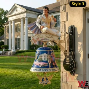 Blue wall bell with performer figure and mansion artwork displayed outside large house.