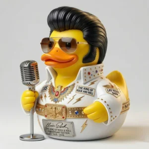 Elvis style rubber duck holding a microphone on a plain background!