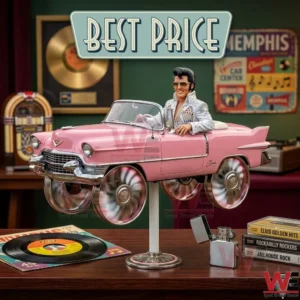 A collectible model of Elvis Presley in a pink Cadillac convertible mounted on a stand! The scene is filled with retro music items like a jukebox and vinyl records on a dark wood desk!