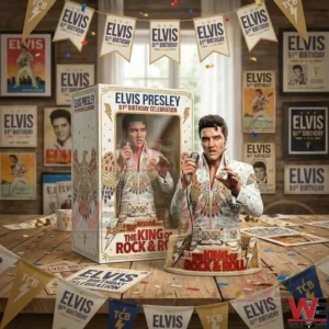 Boxed Elvis Presley style collectible figure on a table with birthday banners and Elvis posters in the background!