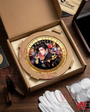Elvis Presley gold coin in its shipping box with gloves and display accessories!