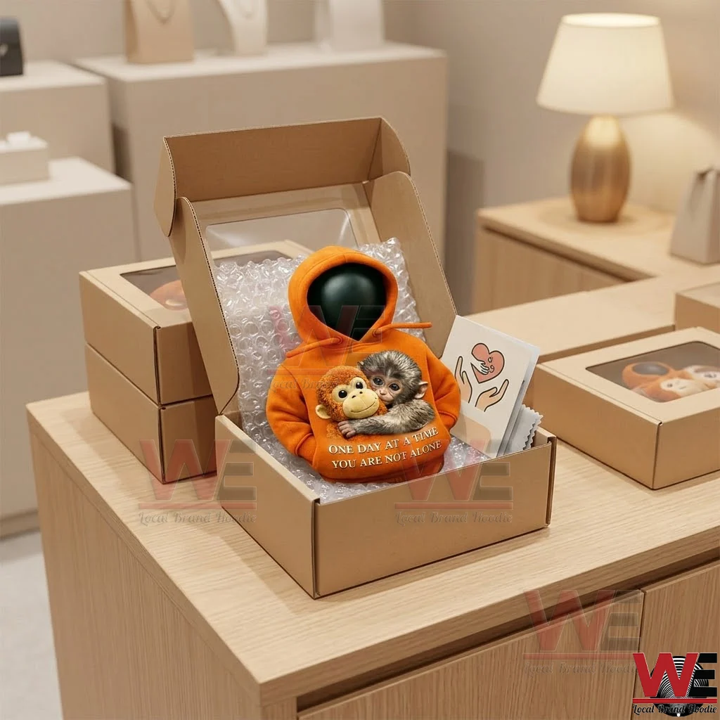 Emotional Support Monkey Car Gear Shift Cover 2 Packaging for an orange monkey gear shift cover hoodie showing the product inside a gift box!