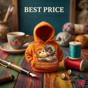 Miniature orange gear shift hoodie with monkeys hugging and supportive text on a wooden surface!