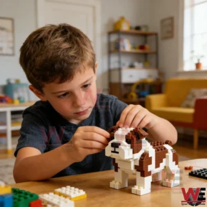 Child building a brown and white brick bulldog on a table!
