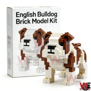 English Bulldog Brick Model Set 7 Brick bulldog model in front of an English bulldog brick model kit box!v