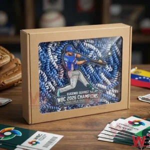 The Eugenio Suarez championship sticker is displayed inside a cardboard box with a clear window. The box is filled with blue and white paper shreds and sits on a desk surrounded by baseball tickets and gear.