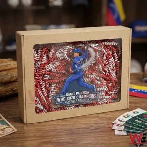The Daniel Palencia championship sticker is presented inside a cardboard box with a transparent window. The box is filled with red and white shredded paper and sits on a table with baseball gloves and tickets nearby.