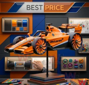 An orange McLaren race car model with turbine wheels is displayed on a black stand in a high tech workshop! The background includes technical drawings and mechanical components in display boxes!