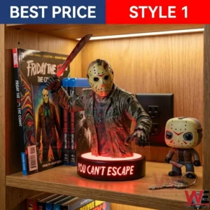A detailed bust of Jason Voorhees with a glowing red base on a shelf! The base says YOU CANT ESCAPE! Horror comics and a small toy version are next to the bust!