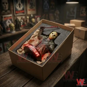 An open cardboard box containing a Jason Voorhees bust with a bloody knife! The figure is packed in foam and the base is glowing red! More boxes are in the background!