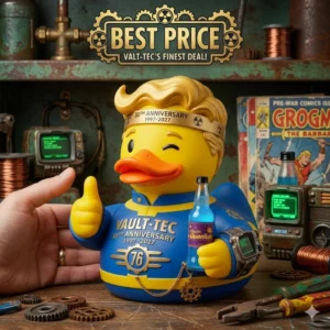 Yellow Vault Tec themed duck figure in a retro workshop holding a blue bottle!