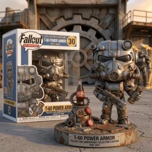 Power armor collectible beside its box and anniversary display base!