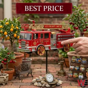 A red fire truck model with flame wheels is mounted on a stand over a pocket watch in a garden! Miniature garden decor and potted plants fill the background!
