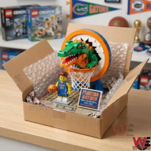 A completed Florida Gators brick model is packed inside a cardboard shipping box with bubble wrap. The scene is set on a desk with other boxes and sports banners in the background.