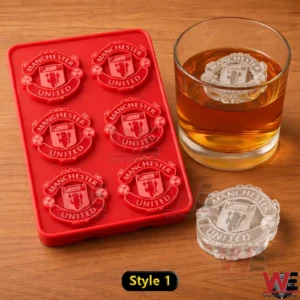 Manchester United crest ice mold tray beside a whiskey glass!