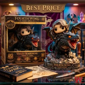 Violet Sorrengail vinyl figure riding a black dragon next to a Fourth Wing collector box on a table!