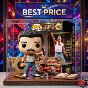 A Freddie Mercury collectible figure and its special edition 80th birthday box inside a glass display case.