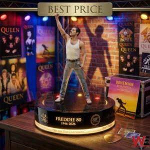 A realistic figure of Freddie Mercury in a white tank top and jeans standing on a glowing black pedestal! The background is a brick wall with many Queen posters! A Bohemian Rhapsody album cover and a gold guitar pick are on the desk!