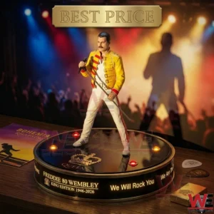 Freddie Mercury 80th Anniversary Glow Companion Lamp 5 Freddie Mercury figure in a yellow jacket and white pants holding a microphone on a glowing stage base! The base has a gold crown and says We Will Rock You! The background is a concert stage with spotlights!