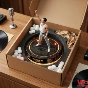 Freddie Mercury 80th Anniversary Glow Companion Lamp 6 An open cardboard box containing a Freddie Mercury figure on a glowing base! The figure is protected by black foam and white packing peanuts! A vintage microphone and a record are on the table next to the box!