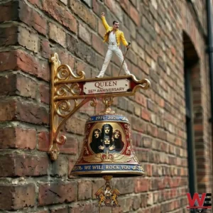 Queen anniversary wall bell mounted on a brick wall with a stage pose figure on top!