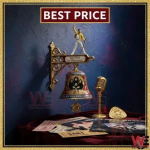 Freddie Mercury Queen 55th Anniversary Wall Bell 3 Queen anniversary wall bell in a staged display with best price text and a vintage microphone!