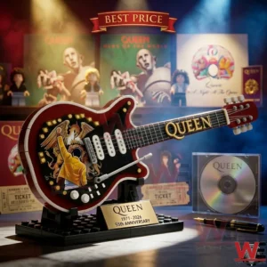 A LEGO guitar model with specific Queen branding and a commemorative plaque on display!
