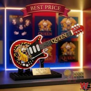 Freddie Mercury Rock Guitar Brick Set 5 A display of the LEGO Queen guitar and its complete product packaging with accessories!