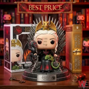 A Daenerys Targaryen figure sitting on the Iron Throne with three dragons! The throne has a silver nameplate on a stone base! A gold book and a wax seal are on the wooden desk next to it! The background shows a bookshelf with more toys!