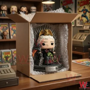 Game of Thrones Dragon Mother and Her Three Rare Dragons Pop Figure Doll 3 An open shipping box containing a Daenerys Targaryen figure on the Iron Throne! The item is packed with bubble wrap and sits on a wooden counter in a toy shop!