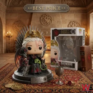 A vinyl collectible of Daenerys on the Iron Throne with three dragons! The figure is placed on a stone base with a commemorative metal plate! Beside the figure is its retail packaging and a brown book! The setting is a medieval stone room with a fireplace and sigils! Items on the rug include coins a goblet and a ring!