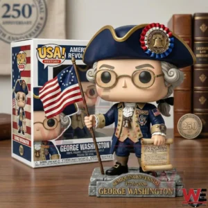 Stylized George Washington figure holding an American flag and a We the People scroll on a Semiquincentennial base!