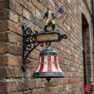 Patriotic wall bell with historic leader figure and American flag mounted on brick wall!