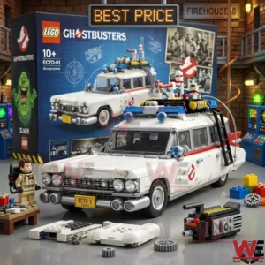 A detailed white brick model of the Ecto 1 car from Ghostbusters is shown with a small figure and various accessories. The retail box stands behind the car on a grey floor in a themed room.