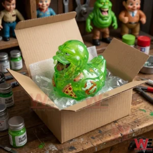 A green rubber duck toy inside a shipping box on a wooden desk surrounded by craft supplies!