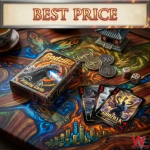 Godzilla 72nd Anniversary playing cards and collectible coins on a wooden table!
