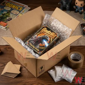 An open shipping box containing Godzilla playing cards and various packing materials!