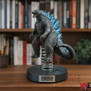 Godzilla spring figure on a desk with books in the background!