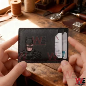 Hands holding a black embossed leather card holder with cards visible in the slots!