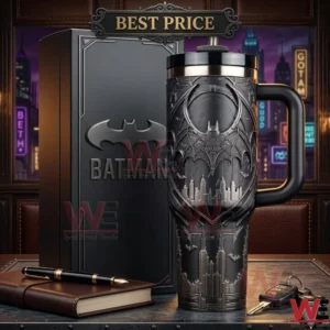 A detailed black Batman tumbler and gift box on a desk with office accessories!