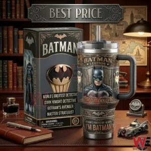 A decorative Batman tumbler with a character portrait and matching collector box!