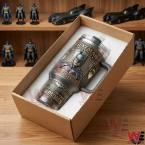 A Batman themed tumbler packed in a shipping box with protective foam!