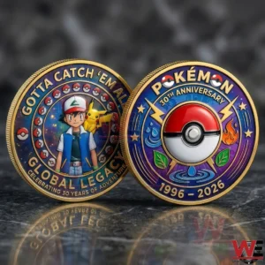 Two Pokemon themed commemorative coins standing side by side on a dark surface!