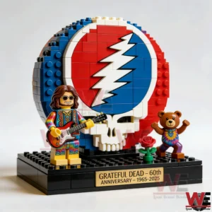 Brick built skull emblem display on a psychedelic background with a guitarist figure a dancing bear and a best price banner!