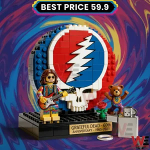 Brick built skull emblem display with a guitarist figure a dancing bear and a red rose on a base!