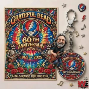 Colorful Grateful Dead sixtieth anniversary poster with matching keychain and guitarist figure!