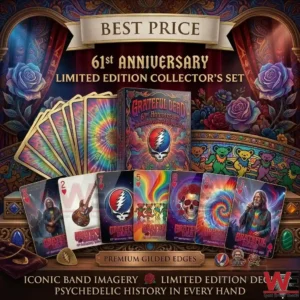 A promotional display of Grateful Dead themed playing cards and collector items with colorful psychedelic designs and golden accents!