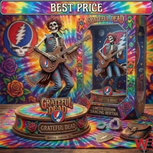 Grateful Dead Bertha skeleton statue with tie dye packaging on a desk.