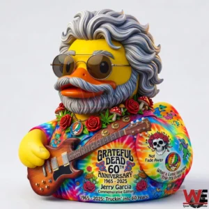 Colorful Jerry Garcia inspired duck figure holding a guitar!